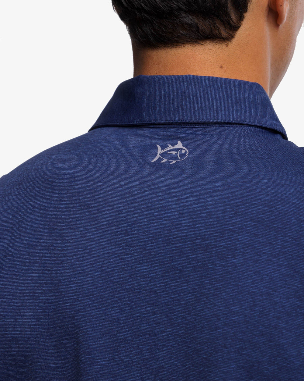 The yoke view of the brrr°®-eeze Heather Performance Polo Shirt by Southern Tide - Heather Nautical Navy