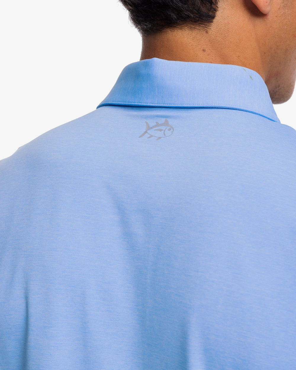The yoke view of the brrr°®-eeze Heather Performance Polo Shirt by Southern Tide - Heather Ocean Channel