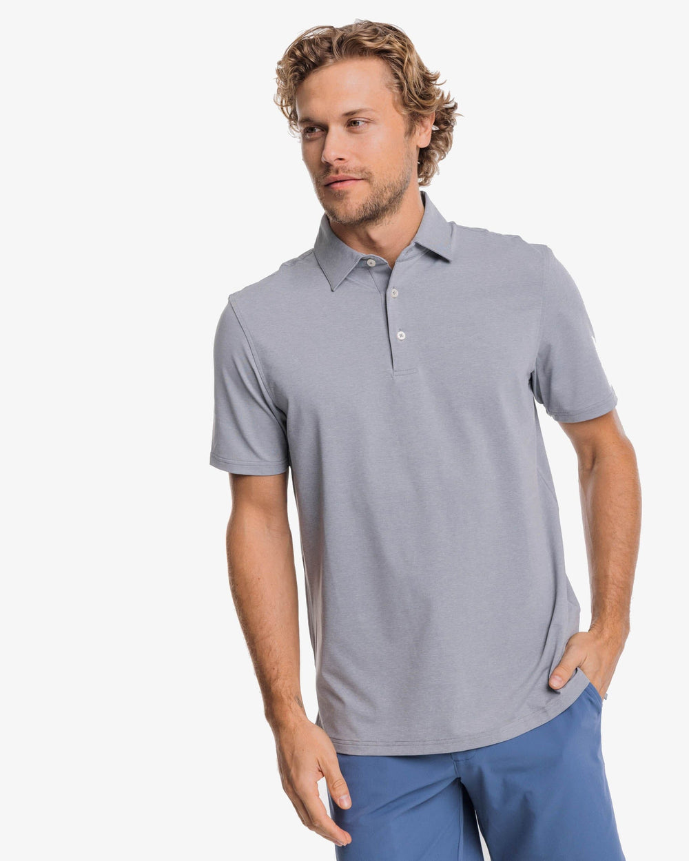 The front view of the brrr°®-eeze Heather Performance Polo Shirt by Southern Tide - Heather Steel Grey