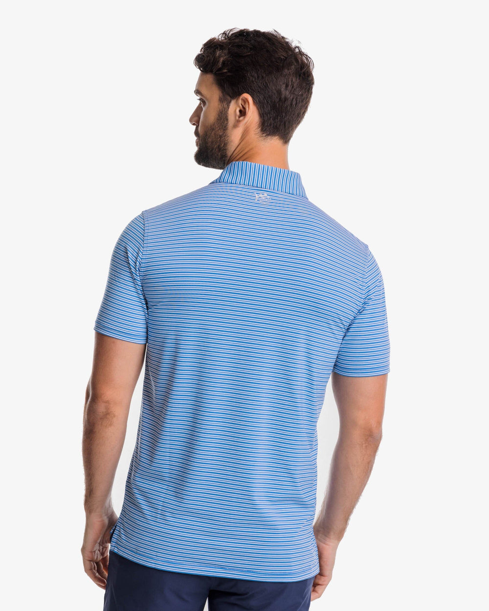 The back view of the Southern Tide brrr-eeze Millwood Stripe Performance Polo Shirt by Southern Tide - Atlantic Blue