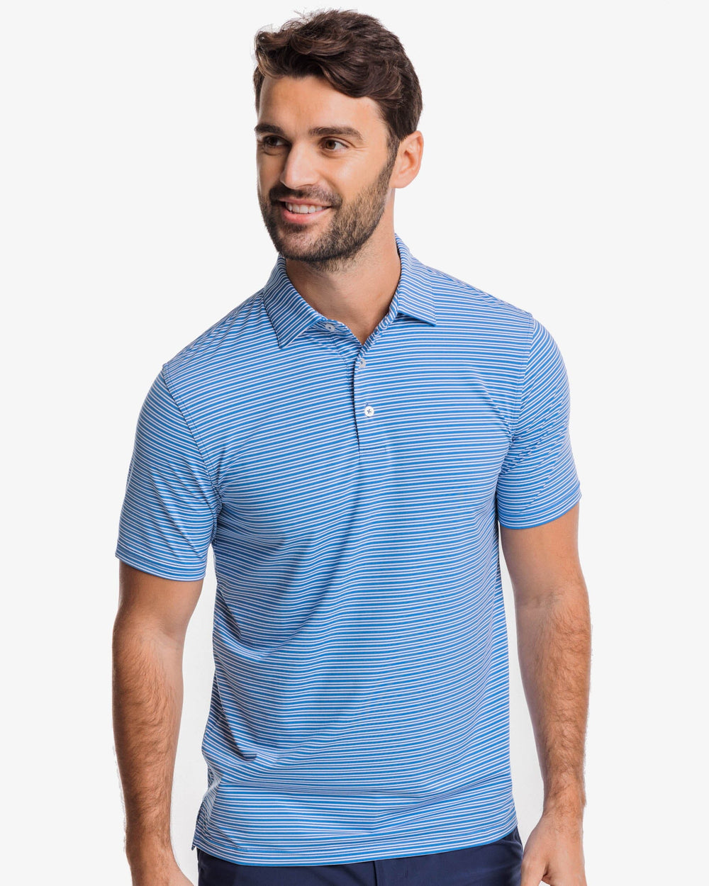 The front view of the Southern Tide brrr-eeze Millwood Stripe Performance Polo Shirt by Southern Tide - Atlantic Blue