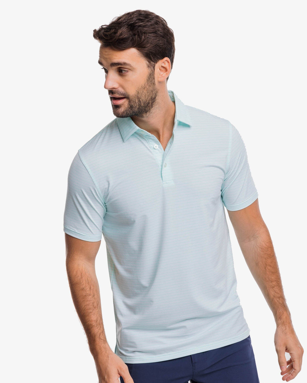 The front view of the Southern Tide brrr-eeze Millwood Stripe Performance Polo Shirt by Southern Tide - Baltic Teal