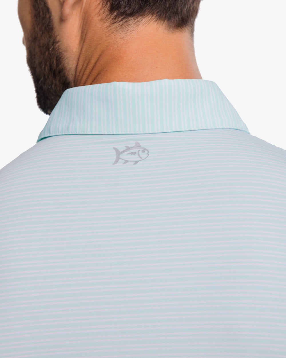 The yoke view of the Southern Tide brrr-eeze Millwood Stripe Performance Polo Shirt by Southern Tide - Baltic Teal