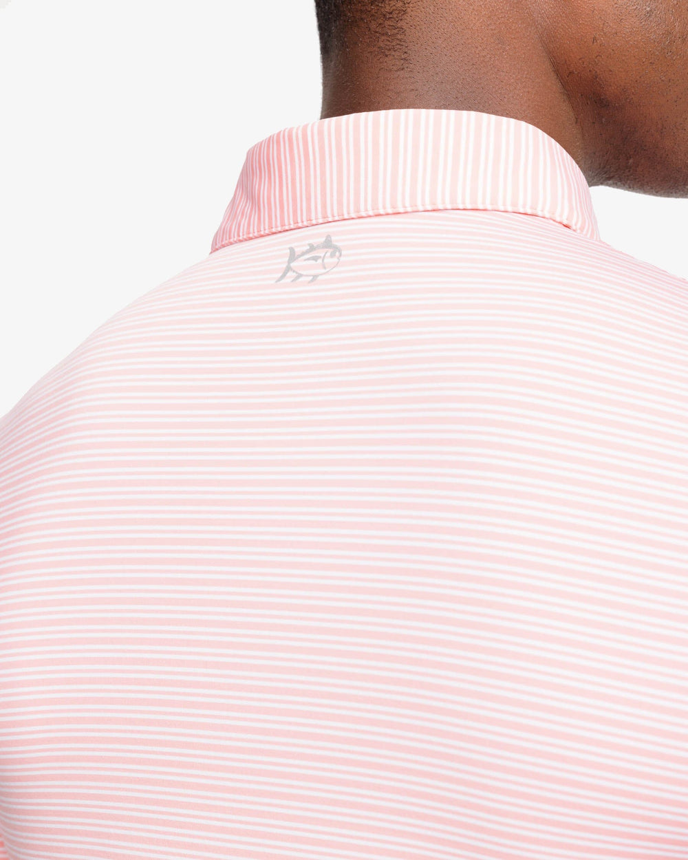 The yoke view of the Southern Tide brrr-eeze Millwood Stripe Performance Polo Shirt by Southern Tide - Flamingo Pink