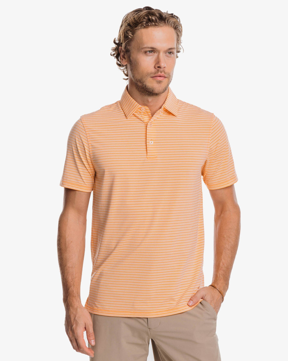 The front view of the Southern Tide brrr-eeze Millwood Stripe Performance Polo Shirt by Southern Tide - Horizon