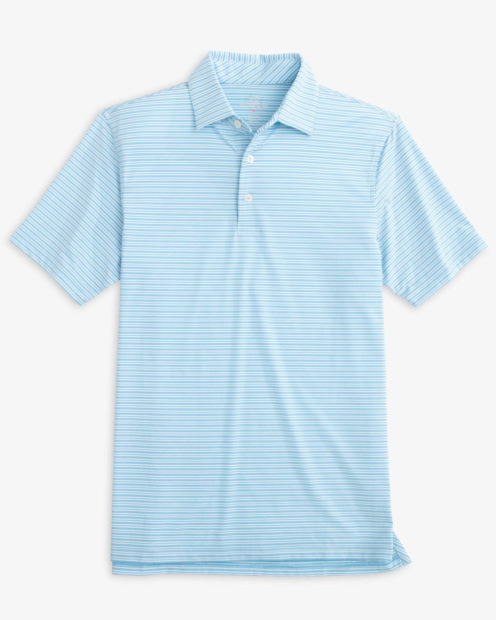 The front view of the Southern Tide brrr-eeze Millwood Stripe Performance Polo Shirt by Southern Tide - Rain Water