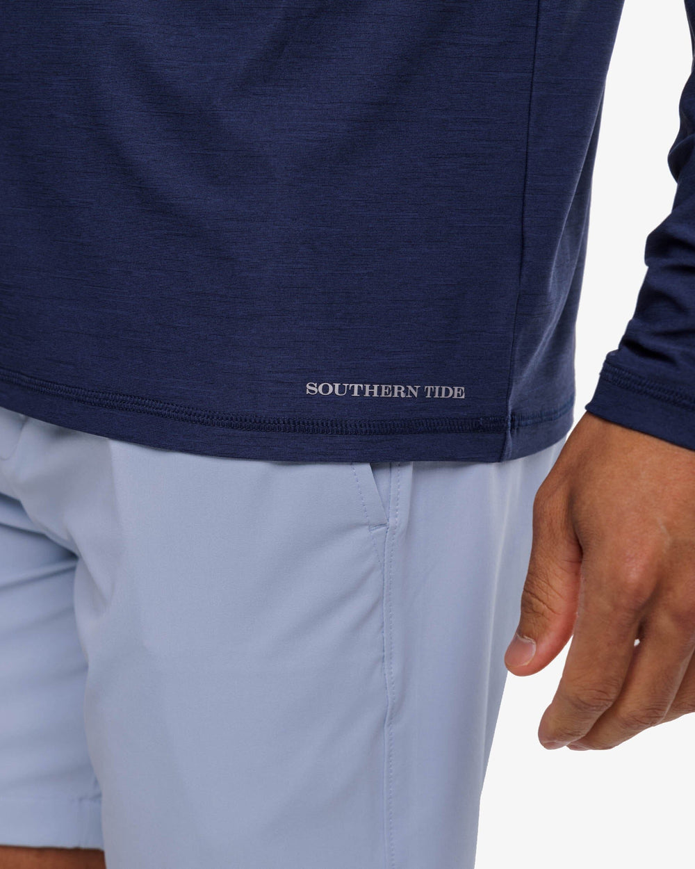 The label view of the Southern Tide brrr-illiant Performance Long Sleeve Tee by Southern Tide - Nautical Navy