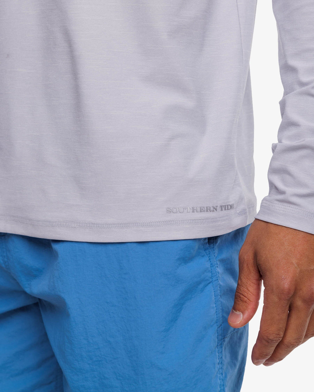 The label view of the Southern Tide brrr-illiant Performance Long Sleeve Tee by Southern Tide - Platinum Grey