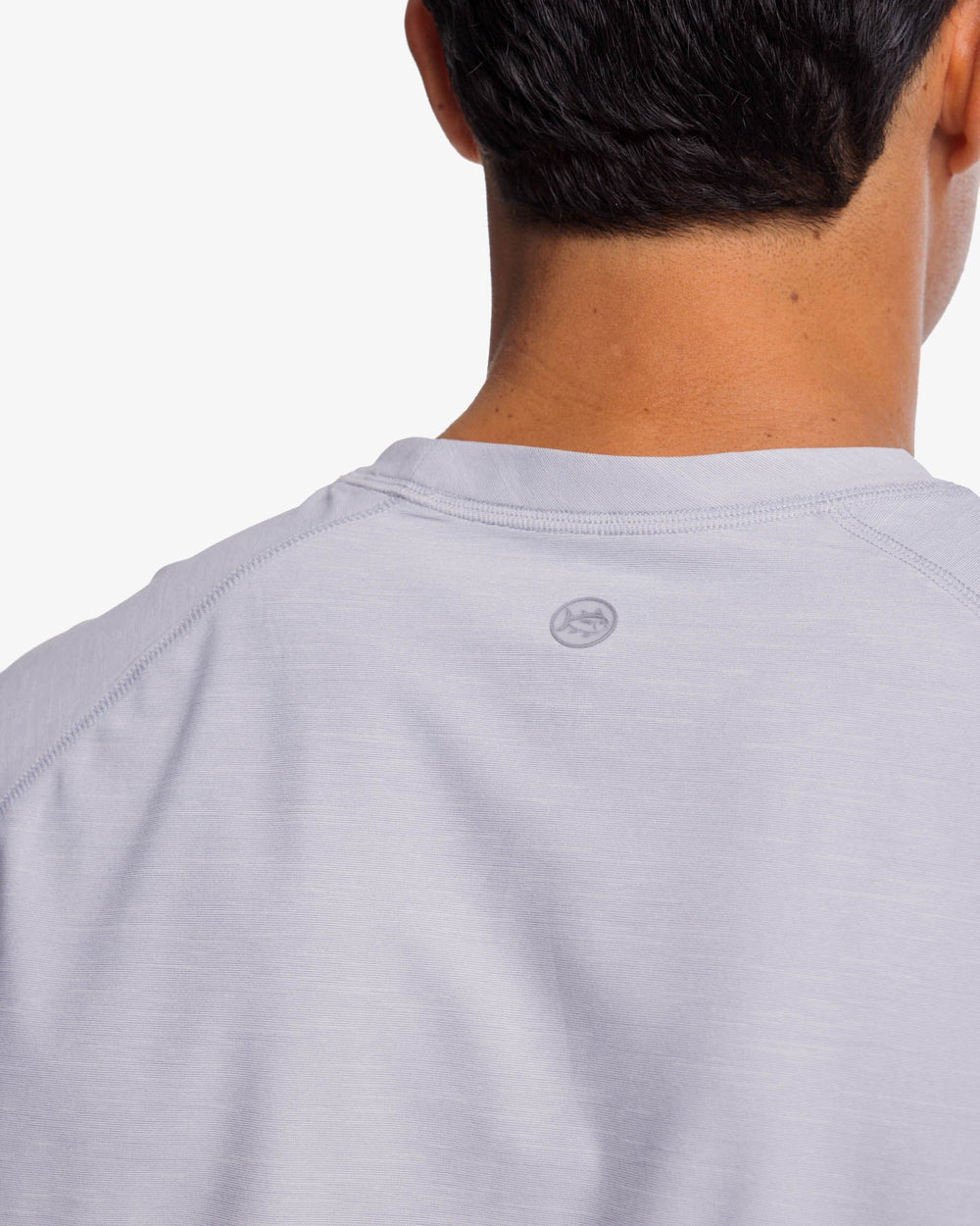 The yoke view of the Southern Tide brrr-illiant Performance Long Sleeve Tee by Southern Tide - Platinum Grey