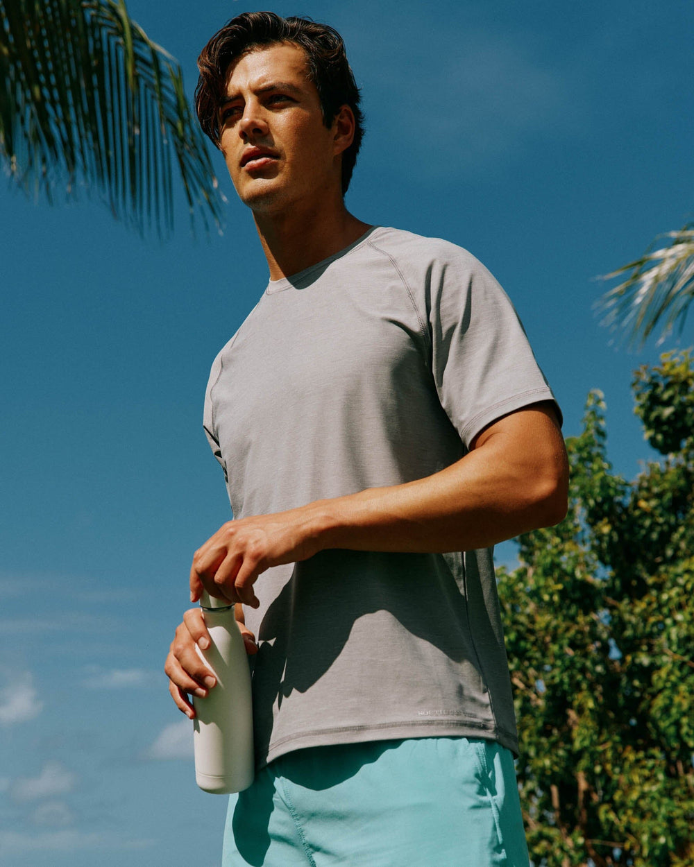 The Lifestyle  front view of the Southern Tide brrr°®-illiant Performance Tee by Southern Tide - Steel Grey