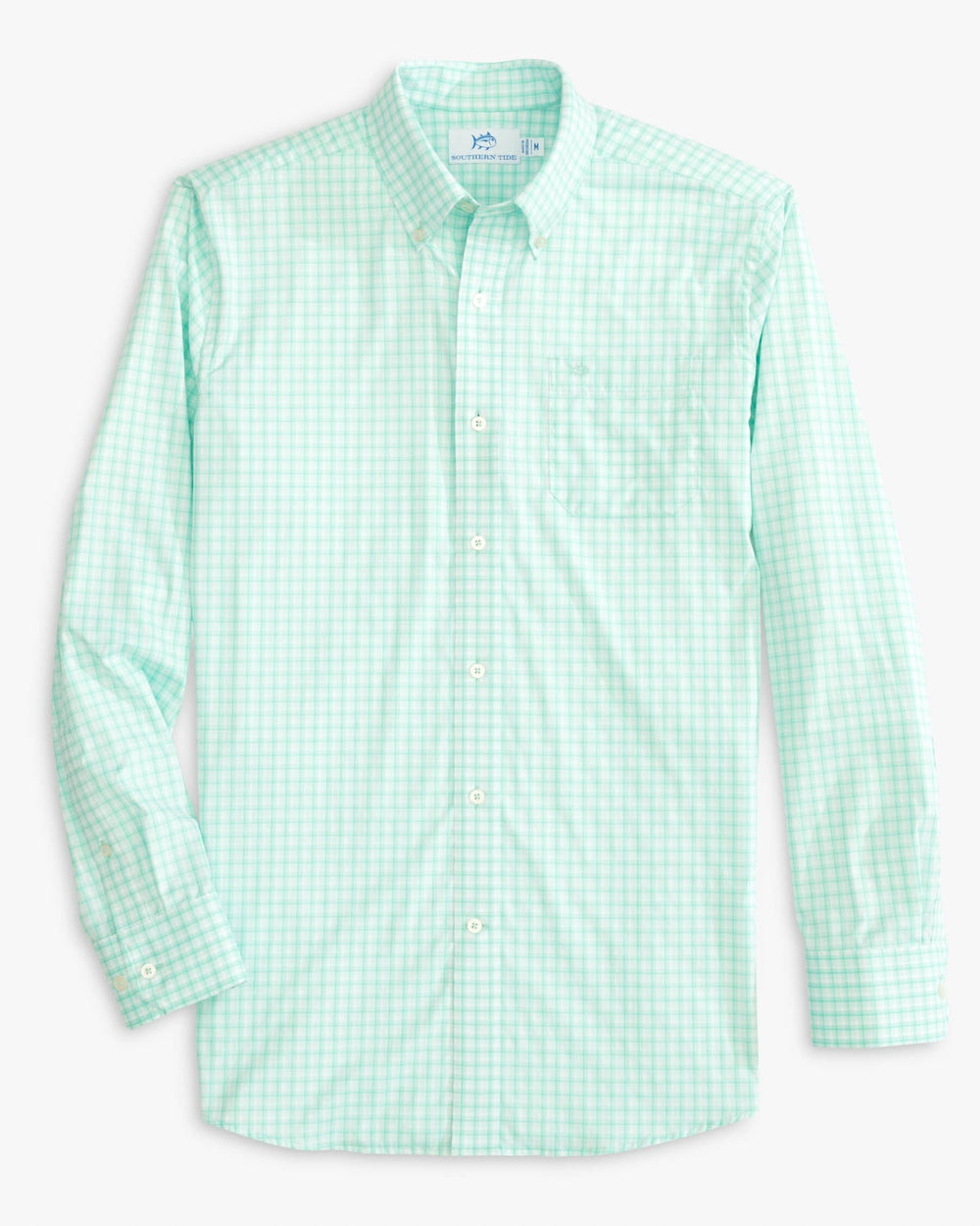 The front view of the Southern Tide brrr Skycrest Plaid Intercoastal Sport Shirt by Southern Tide - Baltic Teal