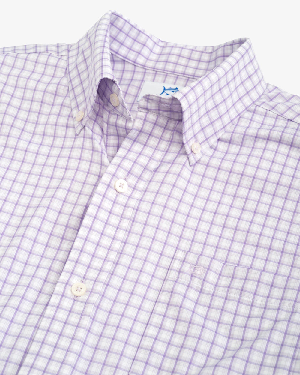 The detail view of the Southern Tide brrr Skycrest Plaid Intercoastal Sport Shirt by Southern Tide - Orchid Petal