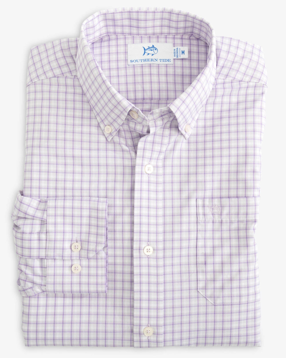 The folded view of the Southern Tide brrr Skycrest Plaid Intercoastal Sport Shirt by Southern Tide - Orchid Petal
