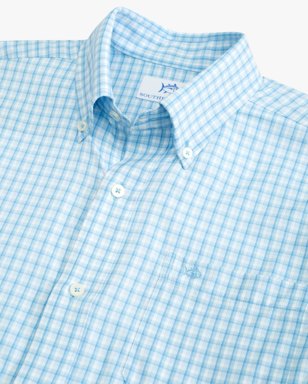 The detail view of the Southern Tide brrr Skycrest Plaid Intercoastal Sport Shirt by Southern Tide - Rain Water