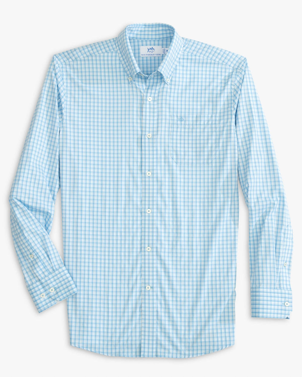 The front view of the Southern Tide brrr Skycrest Plaid Intercoastal Sport Shirt by Southern Tide - Rain Water