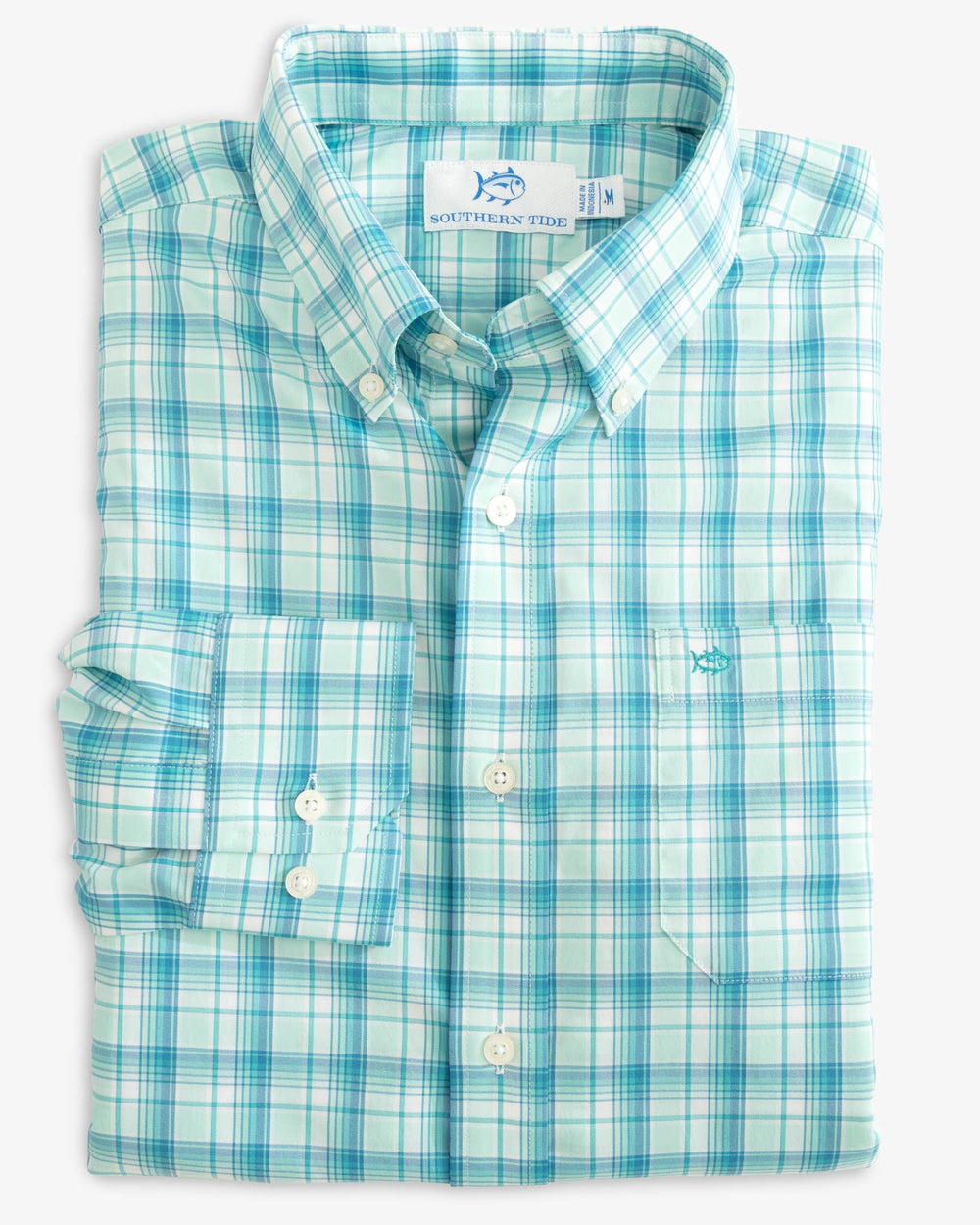 The folded view of the Southern Tide brrr Tidepointe Plaid Intercoastal Sport Shirt by Southern Tide - Baltic Teal