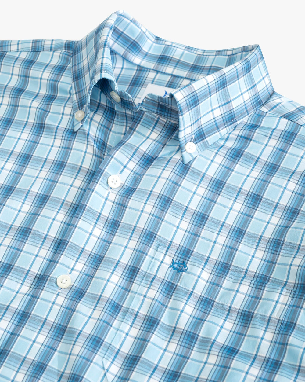 The detail view of the Southern Tide brrr Tidepointe Plaid Intercoastal Sport Shirt by Southern Tide - Rain Water