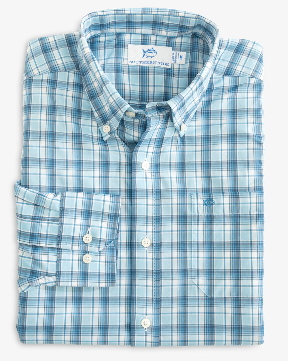 The folded view of the Southern Tide brrr Tidepointe Plaid Intercoastal Sport Shirt by Southern Tide - Rain Water