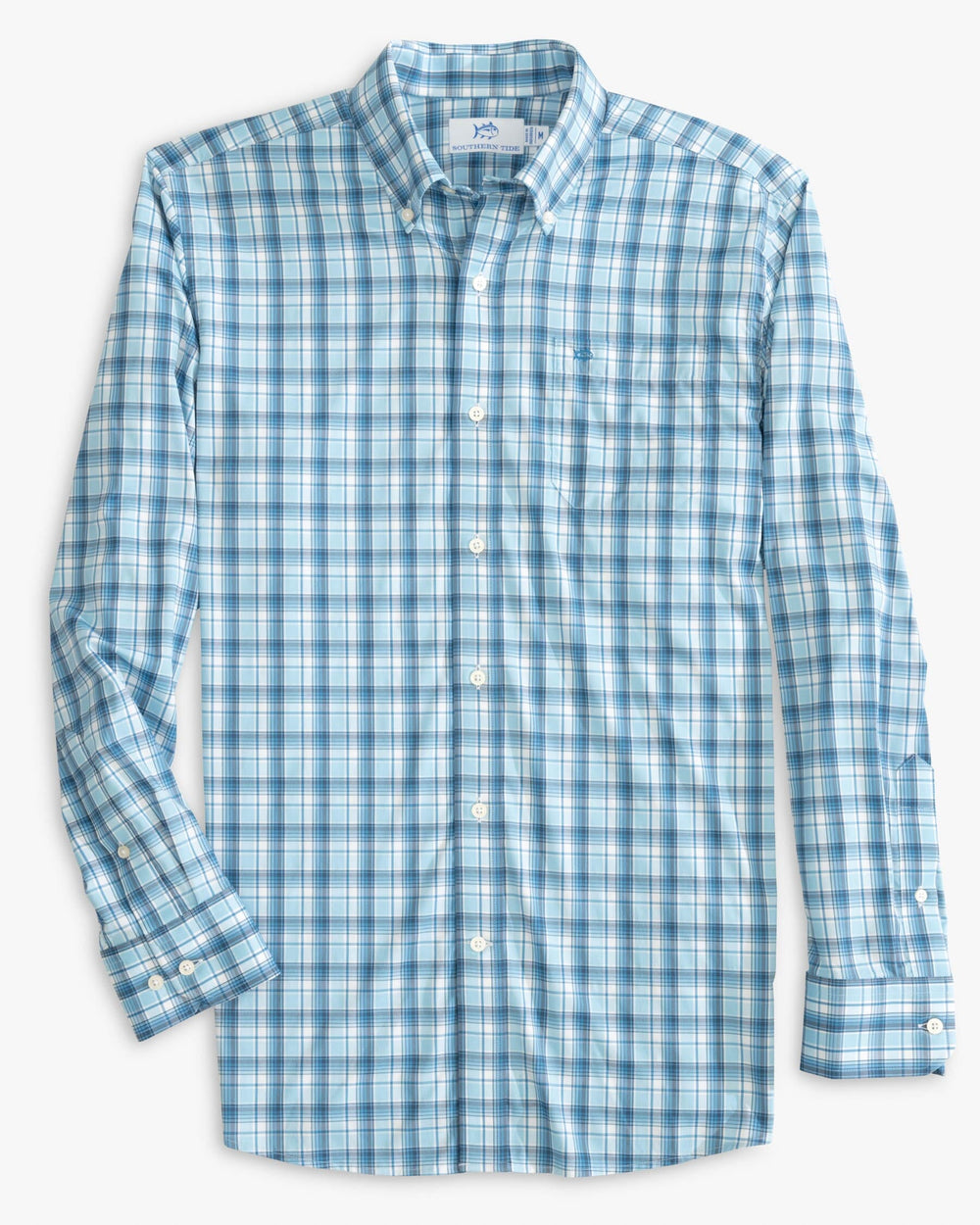 The front view of the Southern Tide brrr Tidepointe Plaid Intercoastal Sport Shirt by Southern Tide - Rain Water