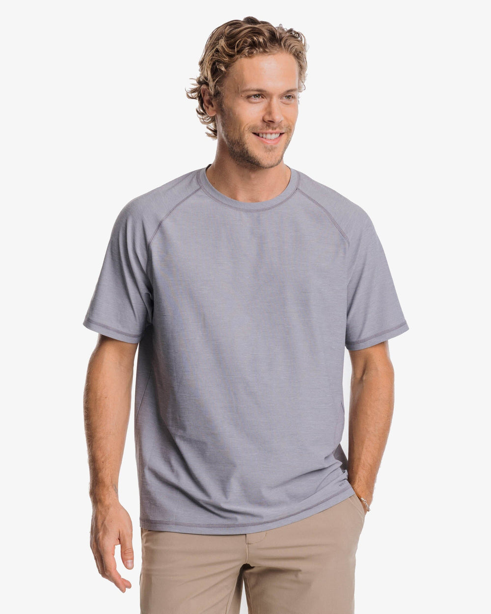 The front view of the Southern Tide brrr°®-illiant Performance Tee by Southern Tide - Steel Grey
