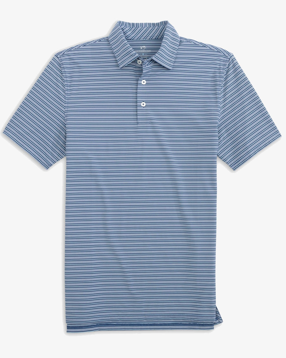 The front view of the Southern Tide Brrreeze Crawford Stripe Performance Polo Shirt by Southern Tide - Aged Denim