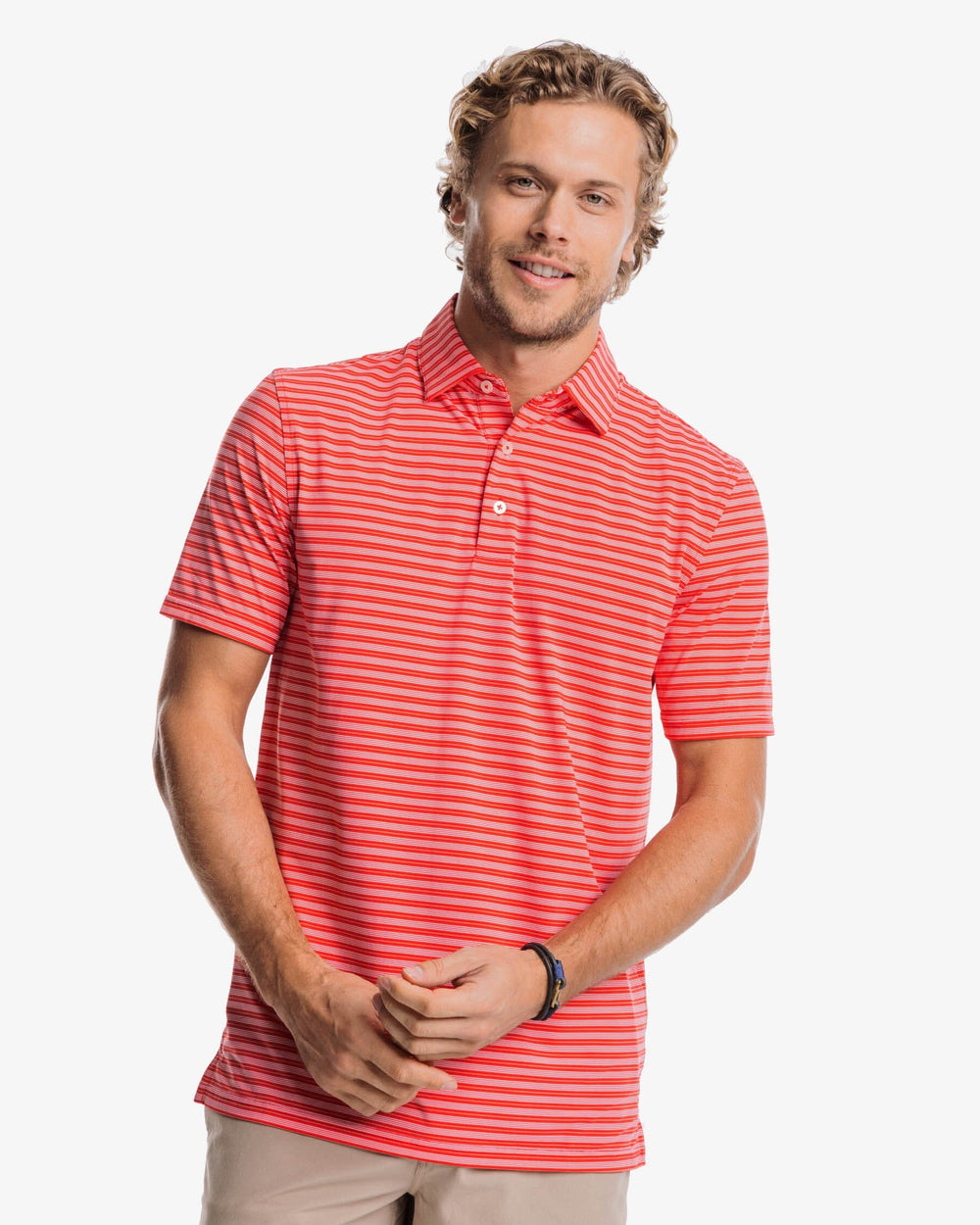 The front view of the Southern Tide Brrreeze Crawford Stripe Performance Polo Shirt by Southern Tide - Fire