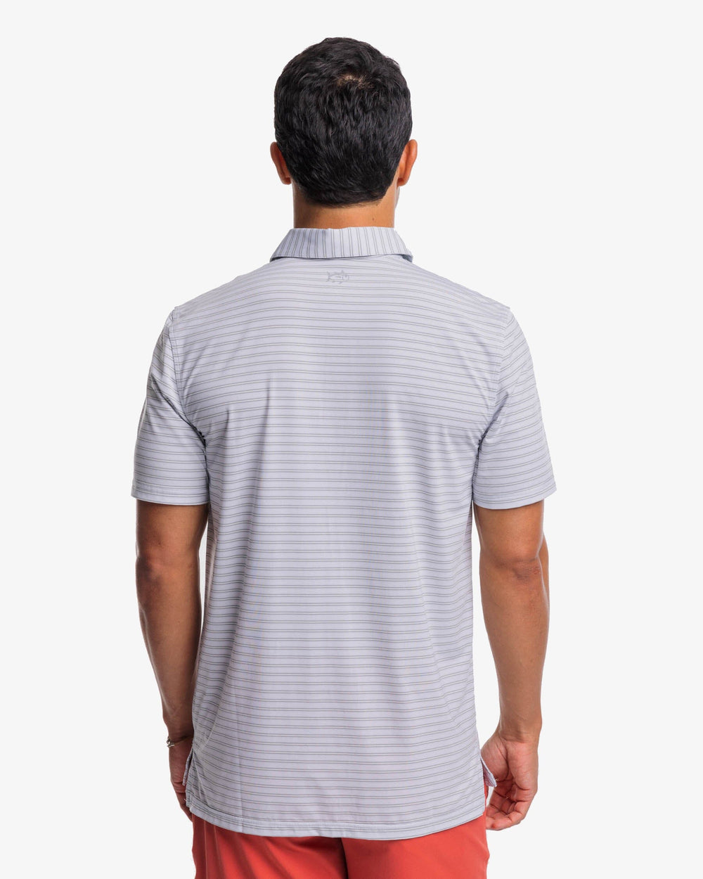 The back view of the Southern Tide Brrreeze Crawford Stripe Performance Polo Shirt by Southern Tide - Slate Grey