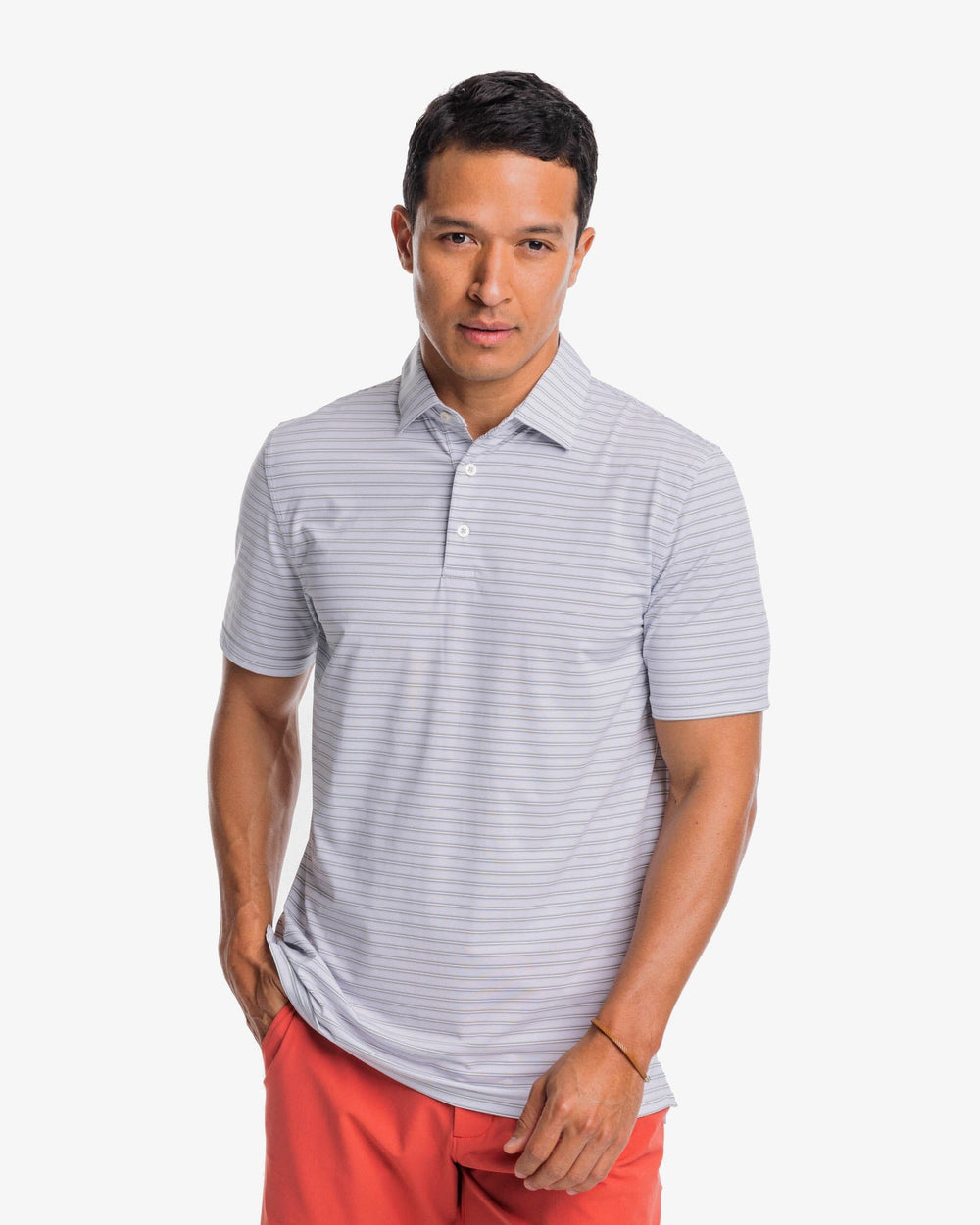 The front view of the Southern Tide Brrreeze Crawford Stripe Performance Polo Shirt by Southern Tide - Slate Grey