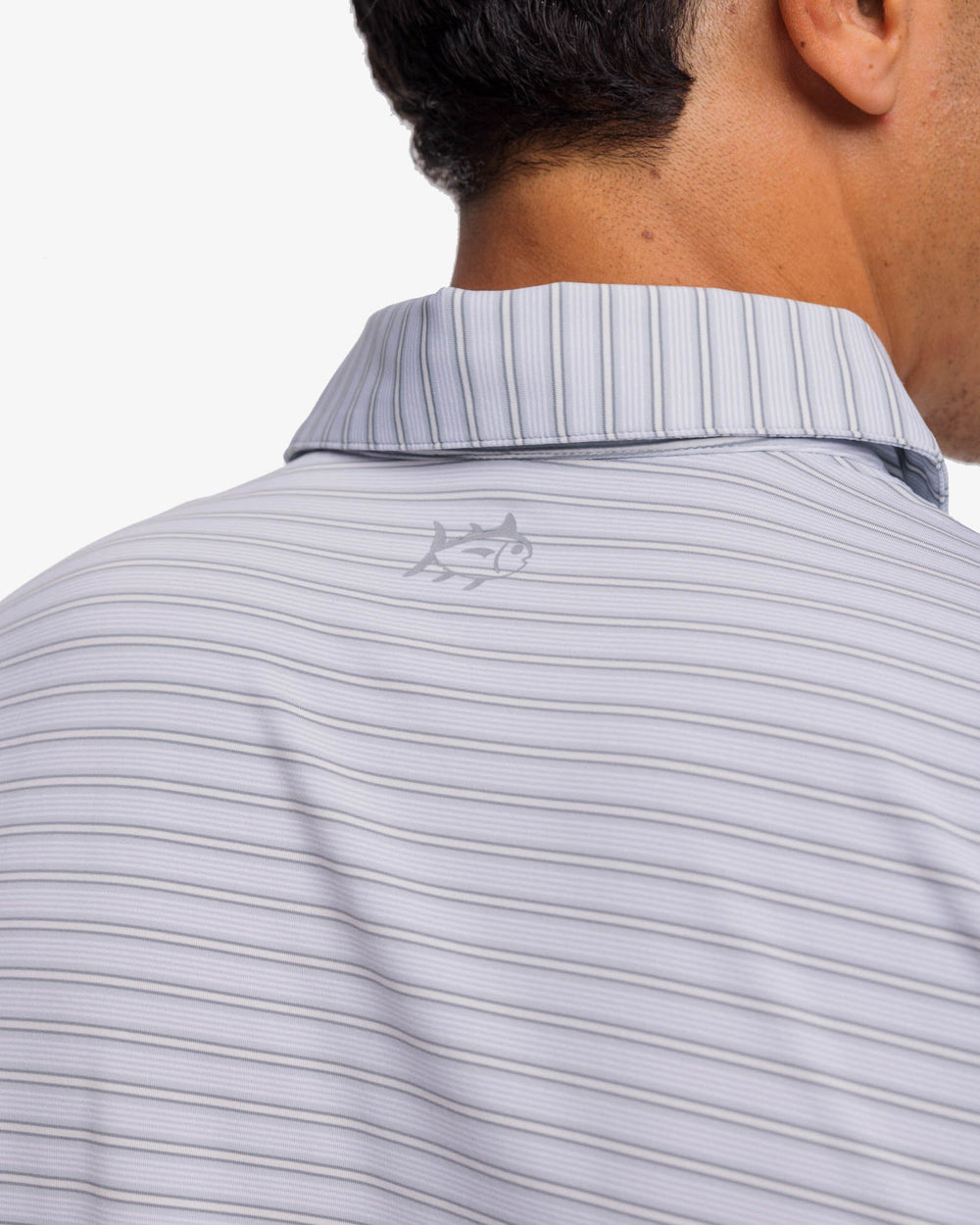 The yoke view of the Southern Tide Brrreeze Crawford Stripe Performance Polo Shirt by Southern Tide - Slate Grey