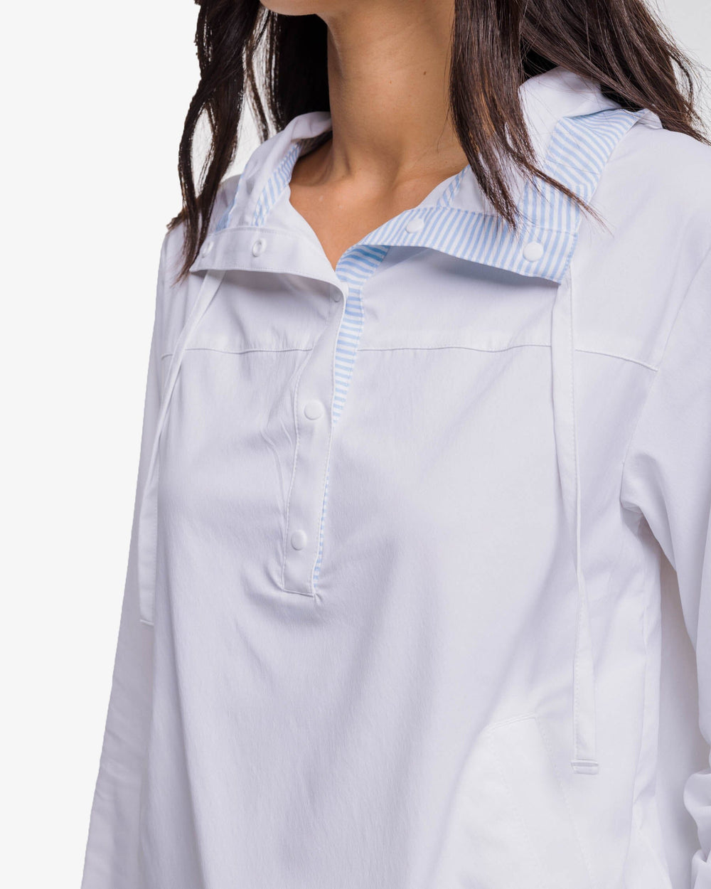 The detail view of the Southern Tide Calie Pop Placket Popover by Southern Tide - Classic White