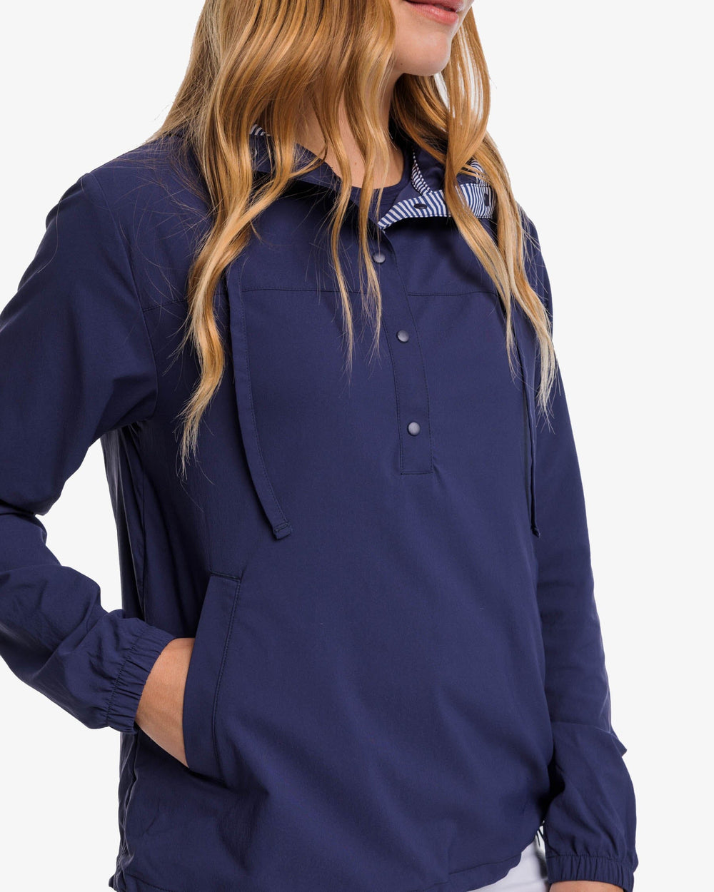 The detail view of the Southern Tide Calie Pop Placket Popover by Southern Tide - Nautical Navy
