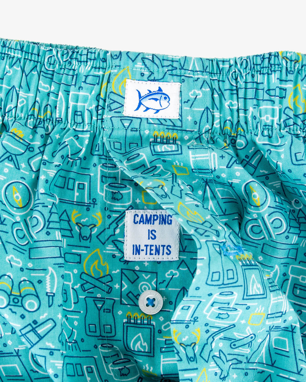 The detail view of the Camping Is In-Tents Boxer by Southern Tide - Agate Green