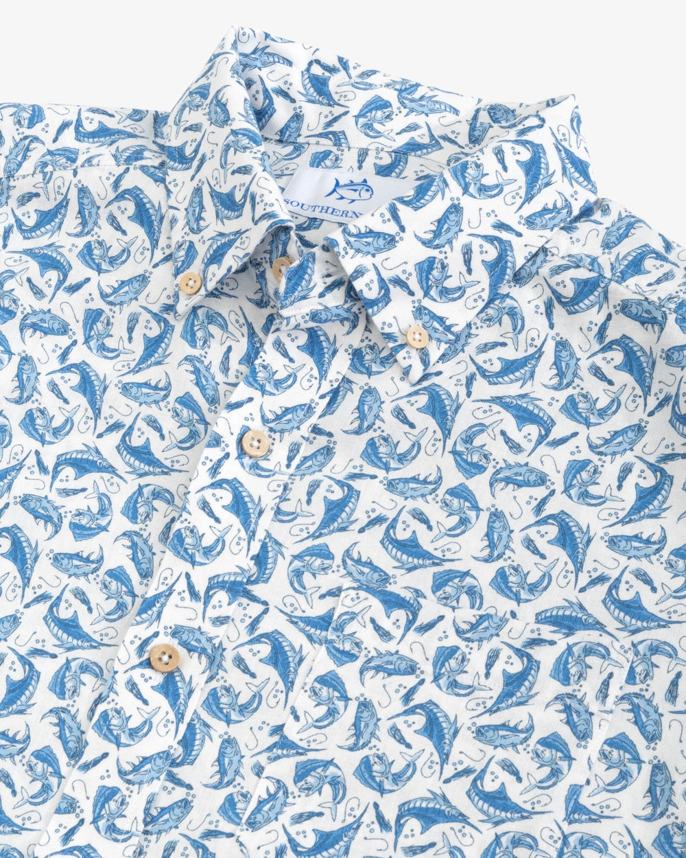 The detail view of the Southern Tide Catch You Later Short Sleeve Long Sleeve Button Down Sport Shirt by Southern Tide - Clearwater Blue