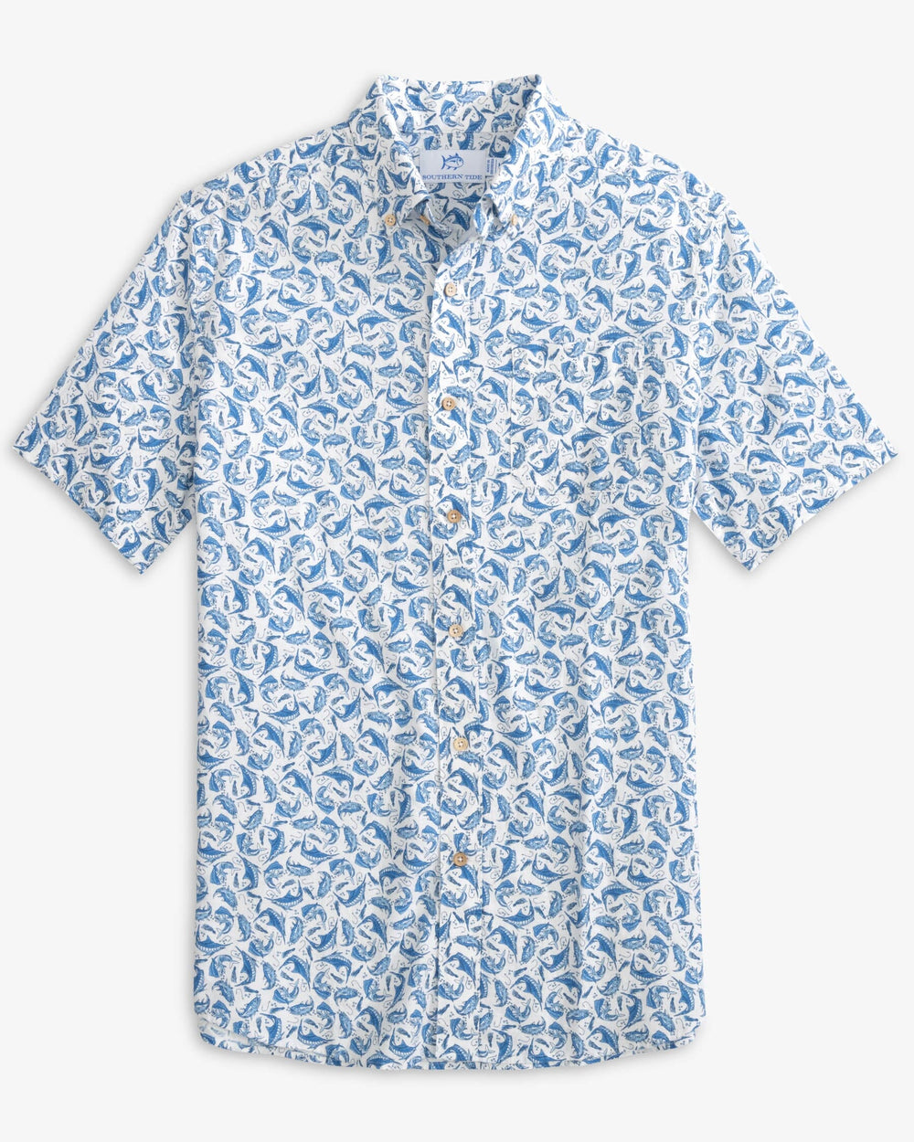 The front view of the Southern Tide Catch You Later Short Sleeve Long Sleeve Button Down Sport Shirt by Southern Tide - Clearwater Blue