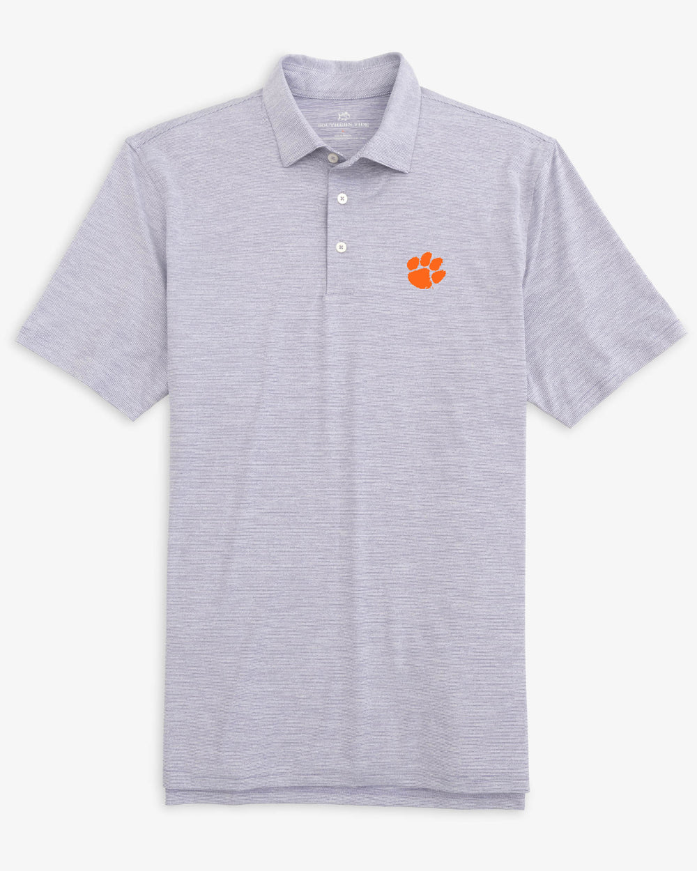 The front view of the Clemson Tigers Driver Spacedye Polo Shirt by Southern Tide - Regal Purple