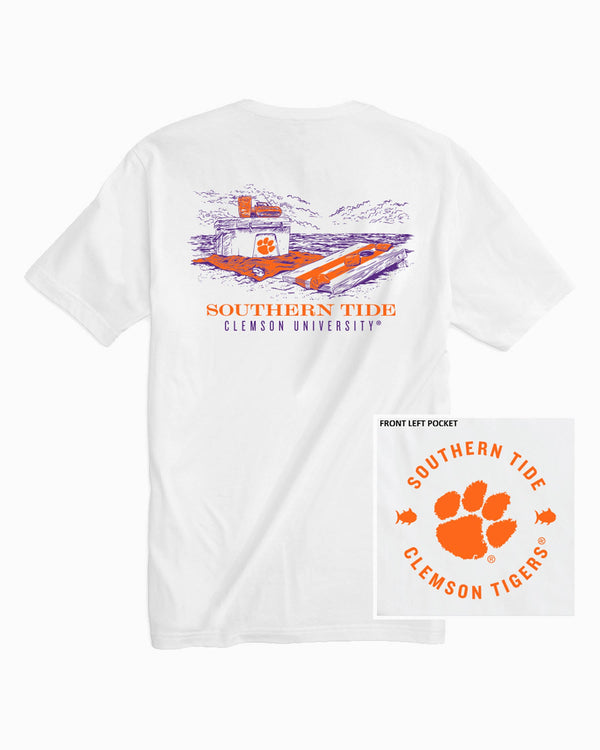 The front of the Clemson Tigers Beach Cornhole T-Shirt by Southern Tide - Classic White