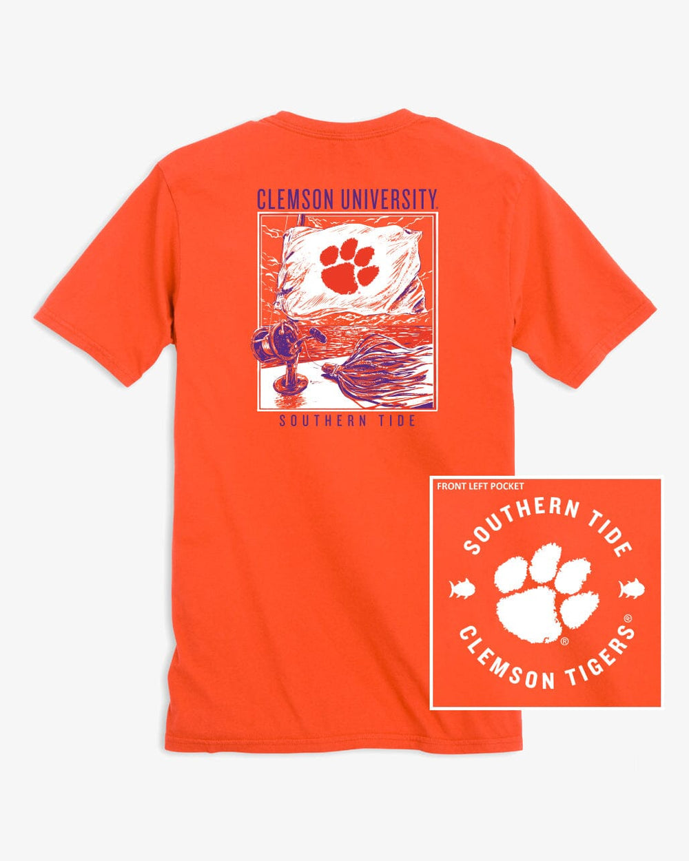 The back view of the Clemson Tigers Fishing Flag T-Shirt by Southern Tide - Endzone Orange