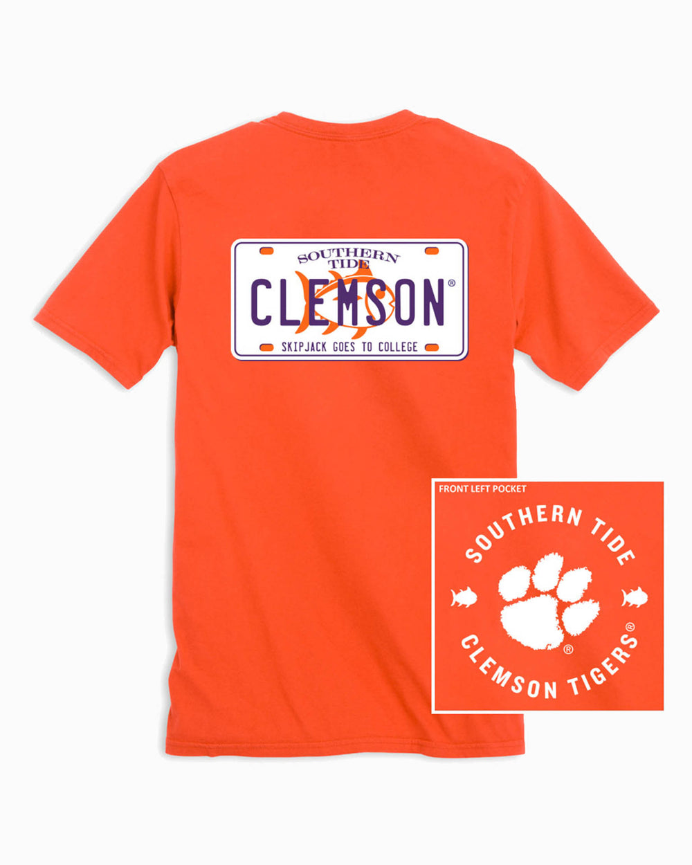 The front and back of the Clemson Tigers License Plate T-Shirt by Southern Tide - Endzone Orange