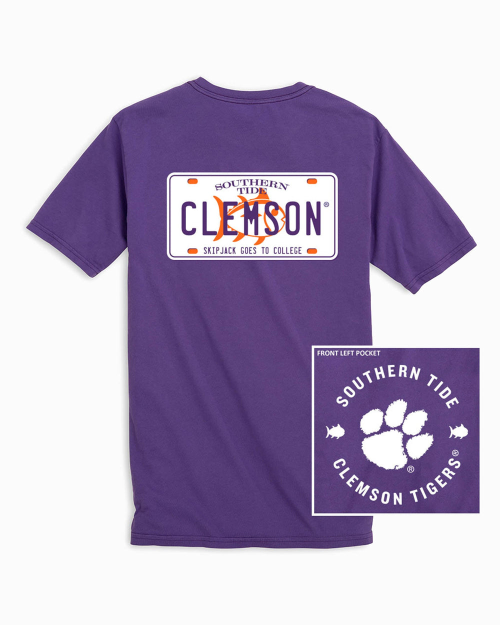 The front and back of the Clemson Tigers License Plate T-Shirt by Southern Tide - Regal Purple