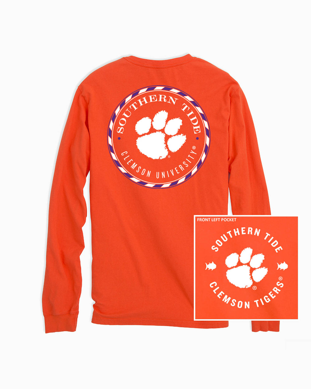 The front of the Clemson Tigers Long Sleeve Medallion Logo T-Shirt by Southern Tide - Endzone Orange