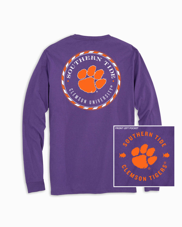 The front of the Clemson Tigers Long Sleeve Medallion Logo T-Shirt by Southern Tide - Regal Purple