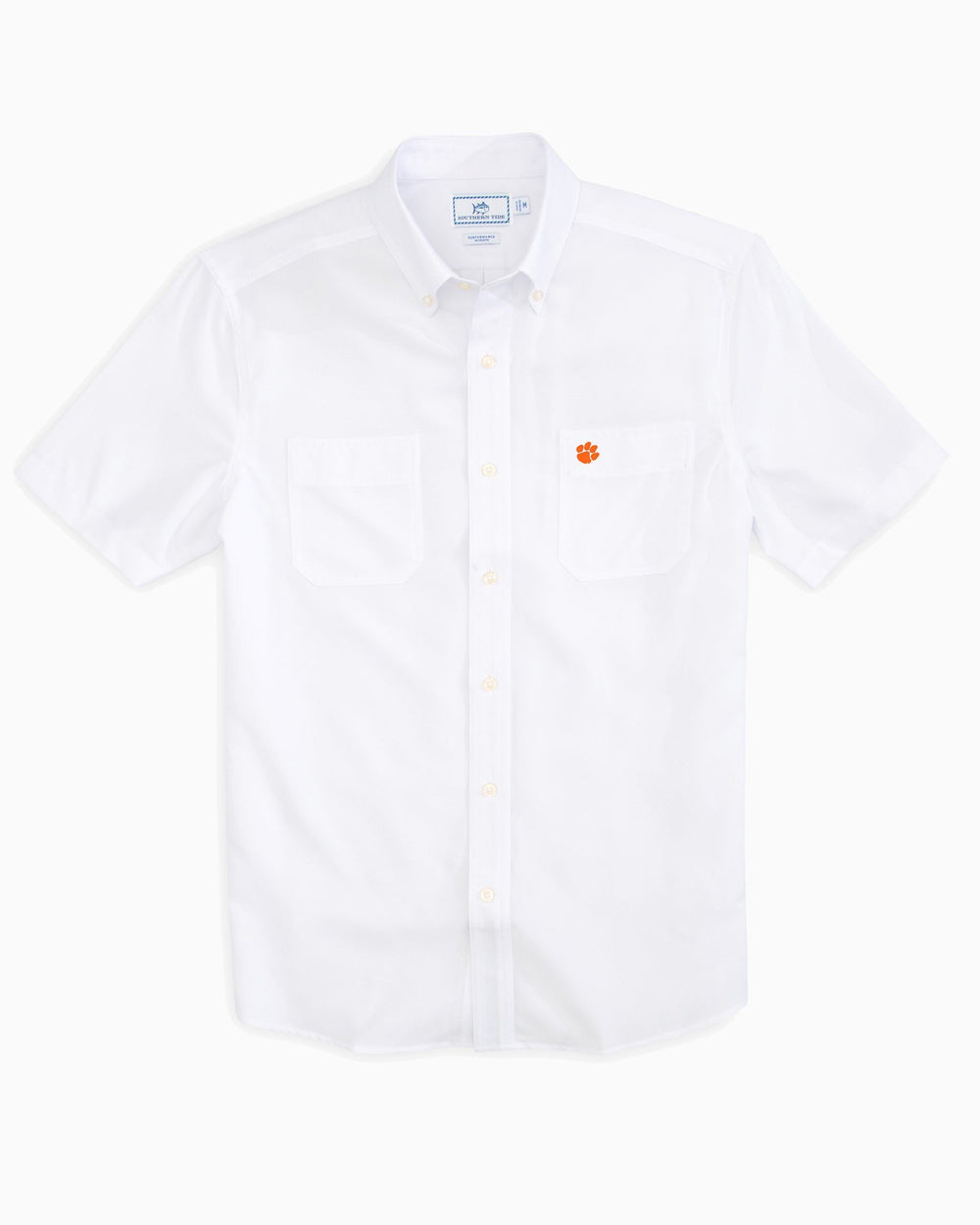 The front view of the Men's White Clemson Tigers Short Sleeve Button Down Dock Shirt by Southern Tide - Classic White