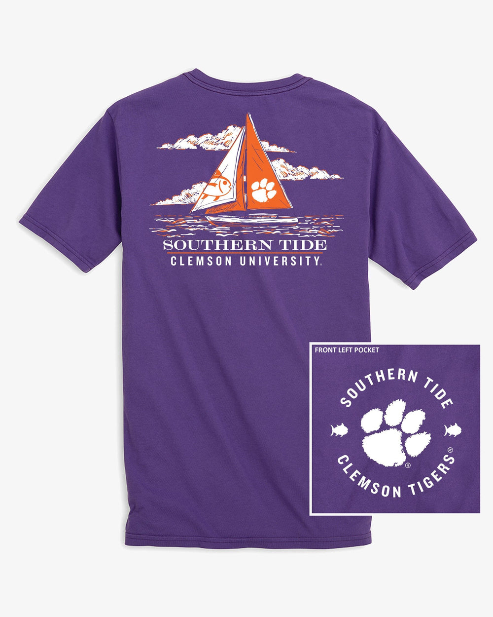 The back view of the Clemson Tigers Skipjack Sailing T-Shirt by Southern Tide - Regal Purple