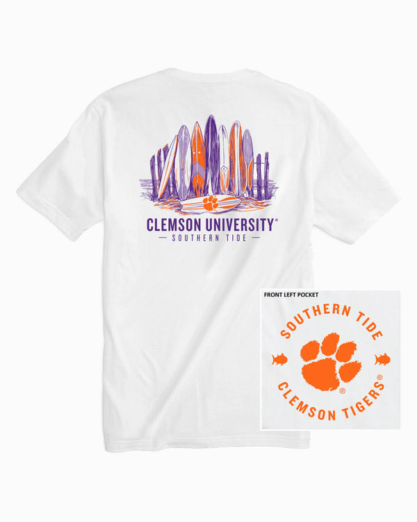 The front view of the Clemson Tigers Surfboard Row T-Shirt by Southern Tide - Classic White