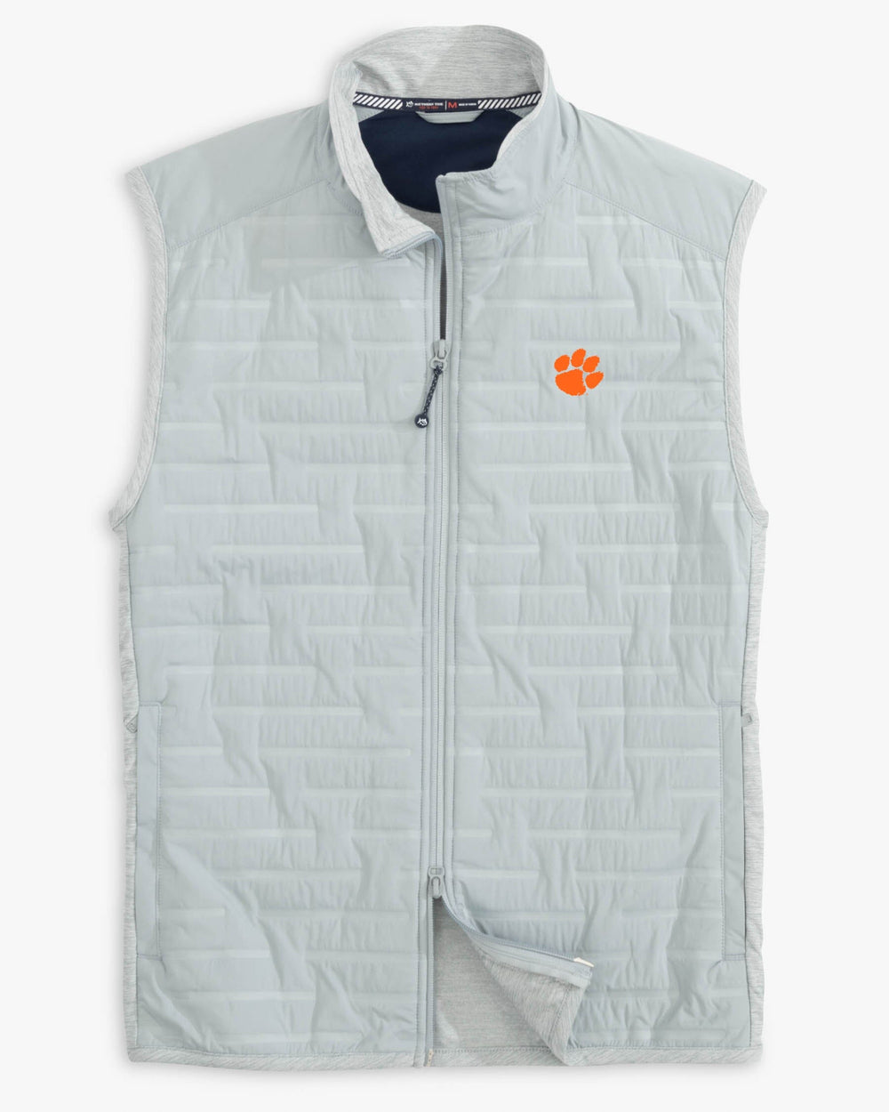 The front view of the Southern Tide Clemson Tigers Tide Abercorn Vest by Southern Tide - Gravel Grey
