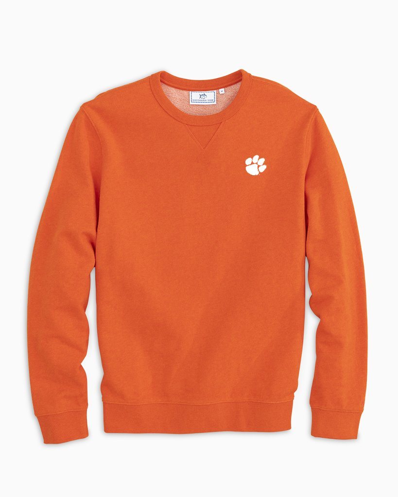 The front of the Clemson Upper Deck Pullover Sweatshirt by Southern Tide - Heather Endzone Orange