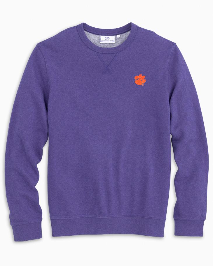 The front view of the Men's Purple Clemson Upper Deck Pullover Sweatshirt by Southern Tide - Heather Regal Purple