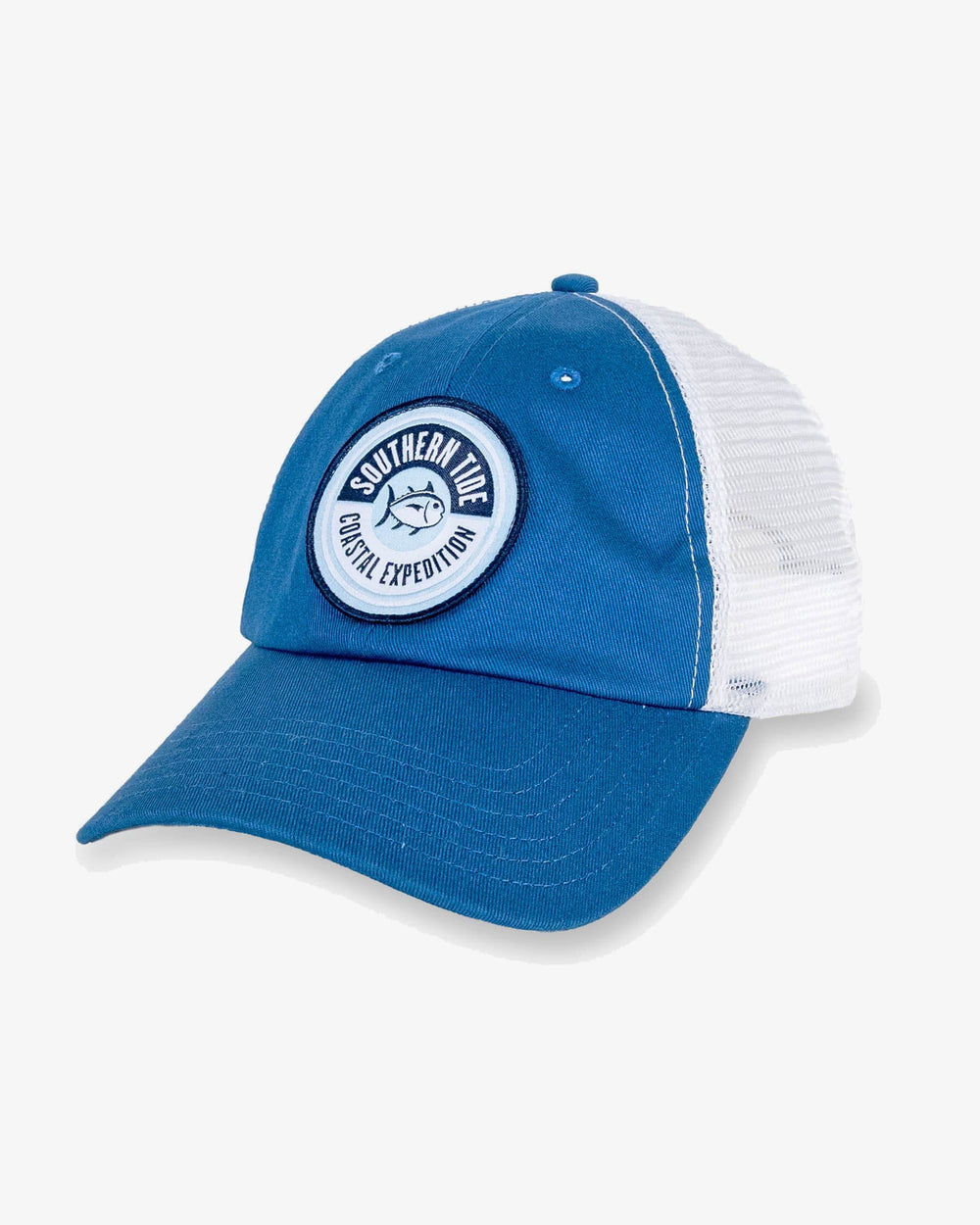 The front view of the Southern Tide Coastal Expedition Patch Trucker Hat by Southern Tide - Dark Blue