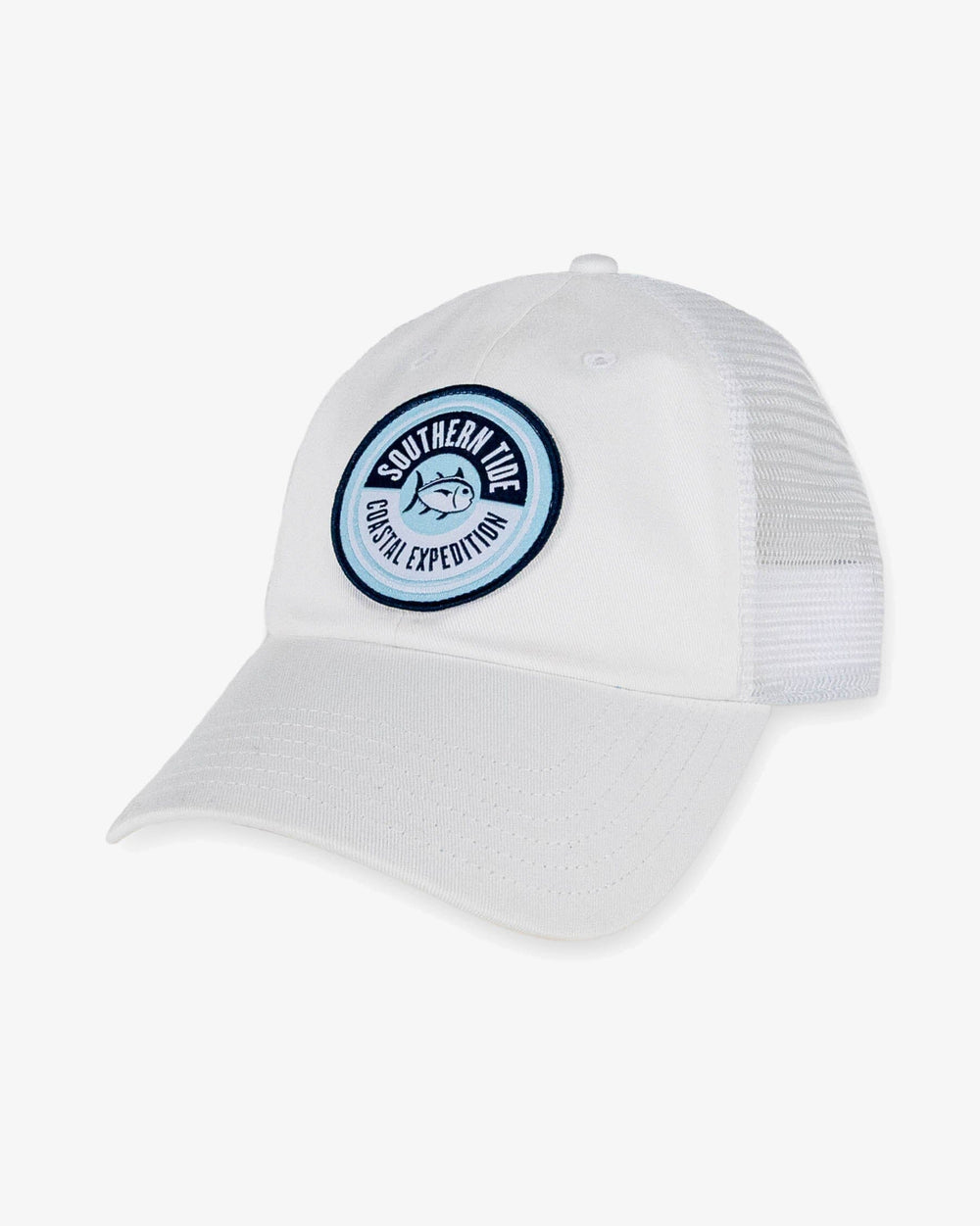 The front view of the Southern Tide Coastal Expedition Patch Trucker Hat by Southern Tide - White