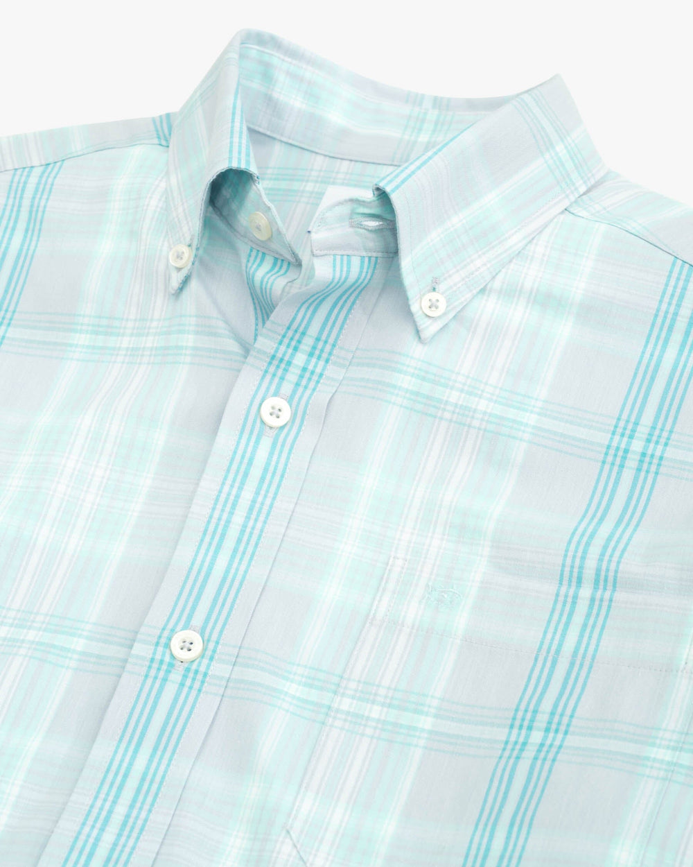 The detail view of the Southern Tide Coastal Passage Heather Oakwood Plaid Intercoastal Sport Shirt by Southern Tide - Heather Silver Lake